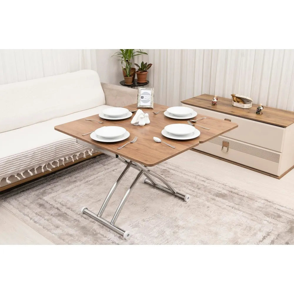 Mini Juppo Dışa K Akıllı Sehpa Üst Tabla Mdf Ceviz Oval Köşe Alt Krom Kaplama