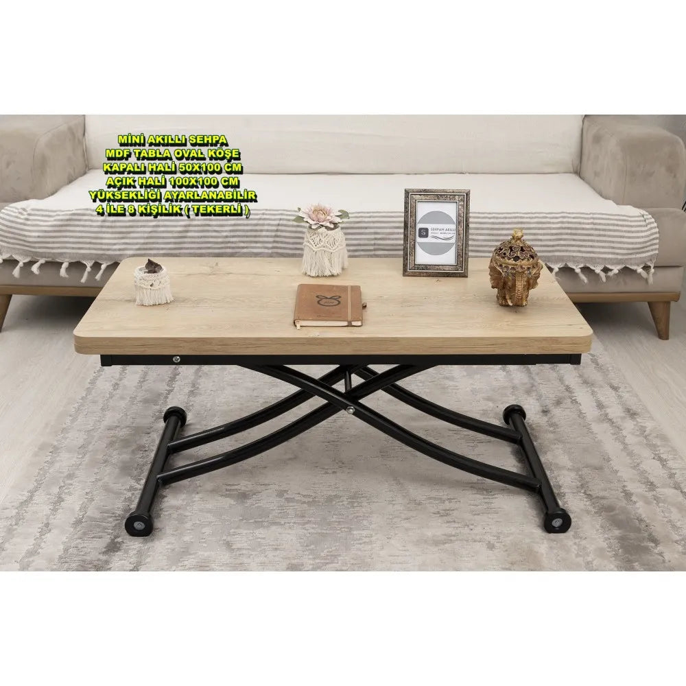 Mini Juppo İçe K Akıllı Sehpa Üst Tabla Mdf VeliMeşe Oval Köşe Alt Ayak Siyah Renk