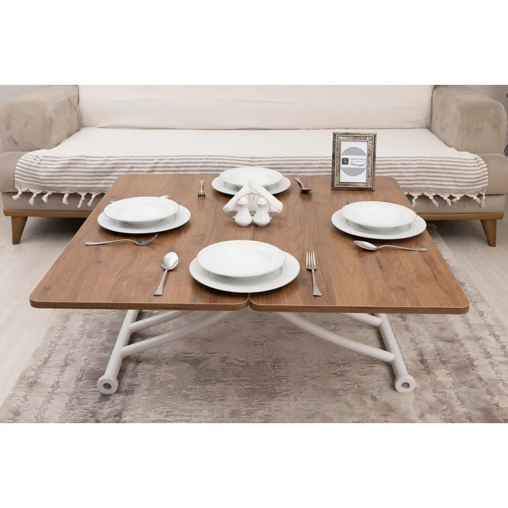 Mini Juppo İçe K Akıllı Sehpa Üst Tabla Mdf Ceviz Oval Köşe Alt Beyaz Renk