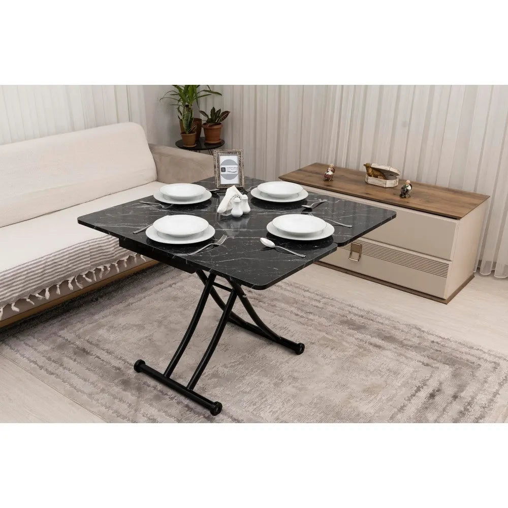 Mini Juppo İçe K Akıllı Sehpa Üst Tabla Mdf Siyah Mermer Oval Köşe Alt Siyah Renk