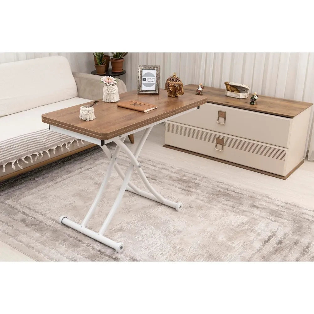 Mini Juppo İçe K Akıllı Sehpa Üst Tabla Mdf Ceviz Oval Köşe Alt Beyaz Renk