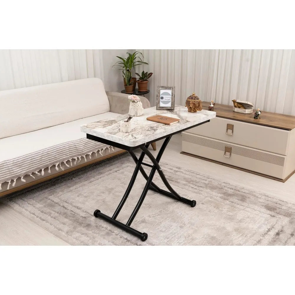 Mini Juppo İçe K Akıllı Sehpa Üst Tabla Mdf Beyaz Mermer Oval Köşe Alt Siyah Renk