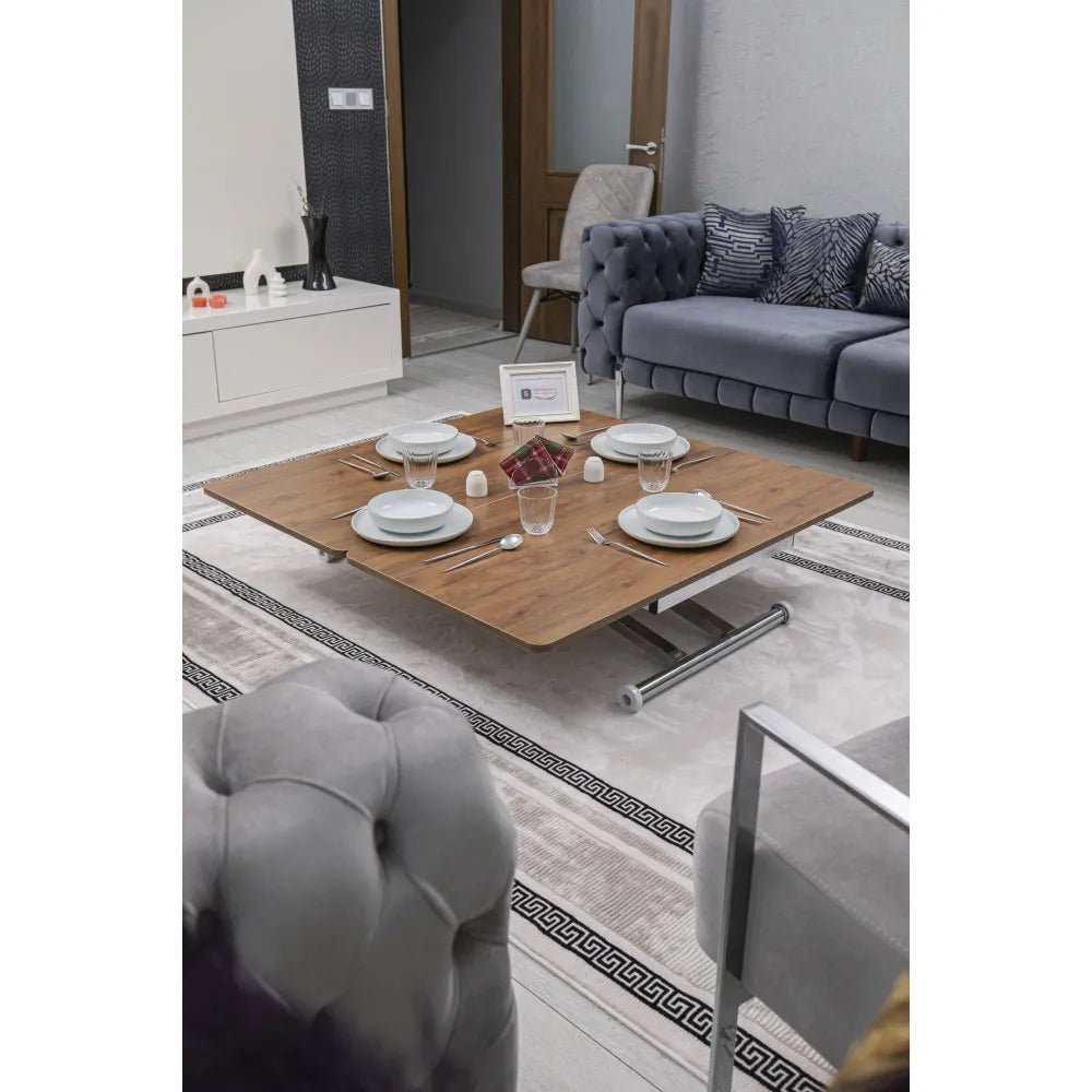 Home Üst Tabla Mdf Ceviz Oval Köşe Alt Ayak Krom Kaplama