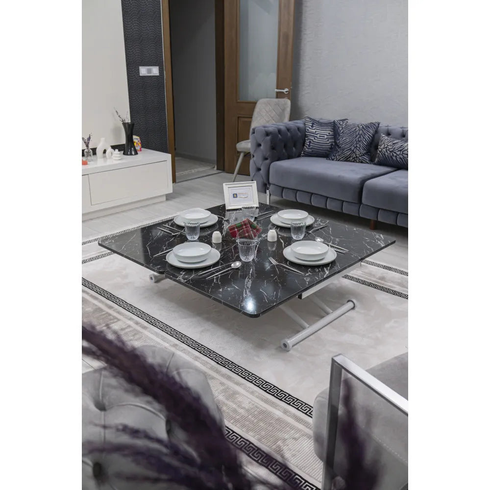 Juppo Üst Tabla Mdf Siyah Mermer Oval Köşe Alt Ayak Yuvarlak Beyaz Dışa Kıvrım