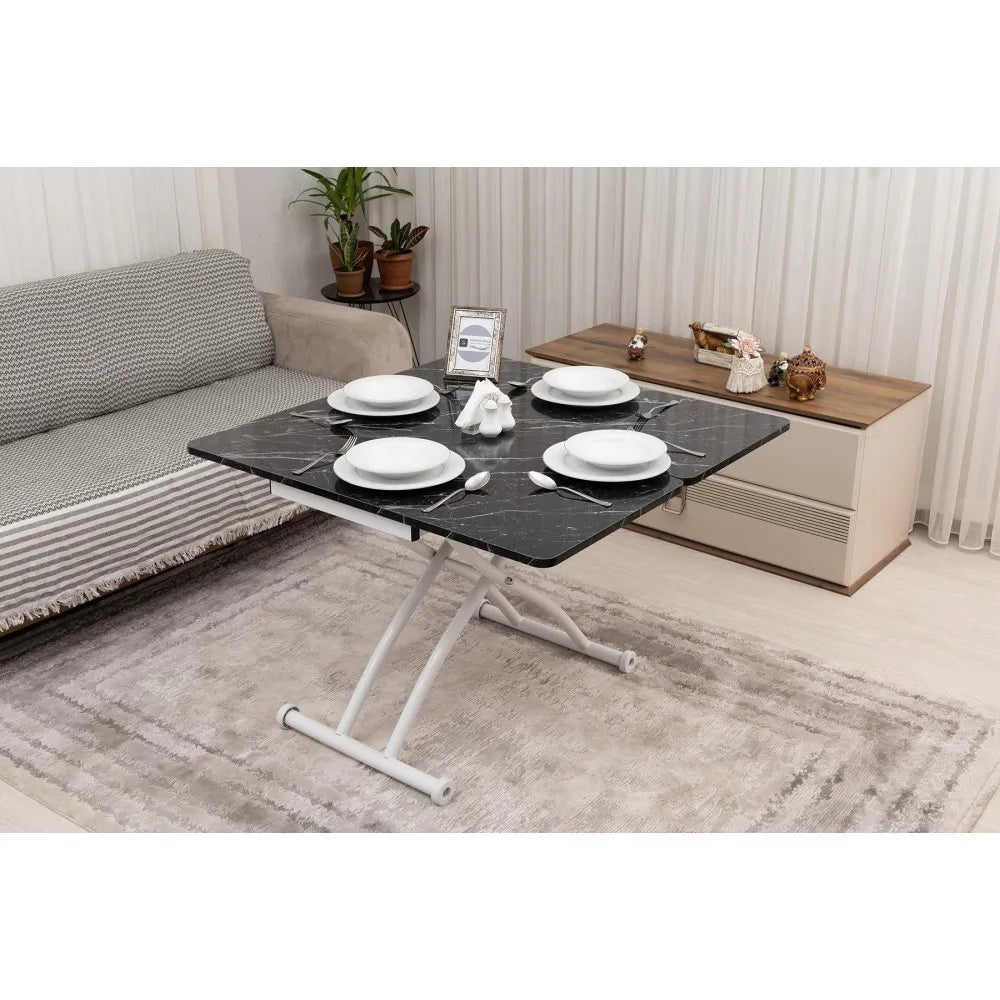 Mini Juppo Dışa K Akıllı Sehpa Üst Tabla Mdf Siyah Mermer Oval Köşe Alt Ayak Beyaz Renk