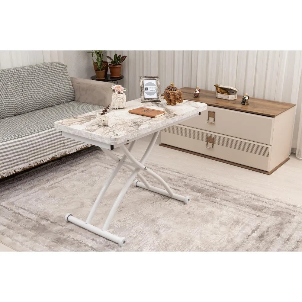 Mini Juppo Dışa K Akıllı Sehpa Üst Tabla Mdf Beyaz Mermer Oval Köşe Alt Beyaz Renk