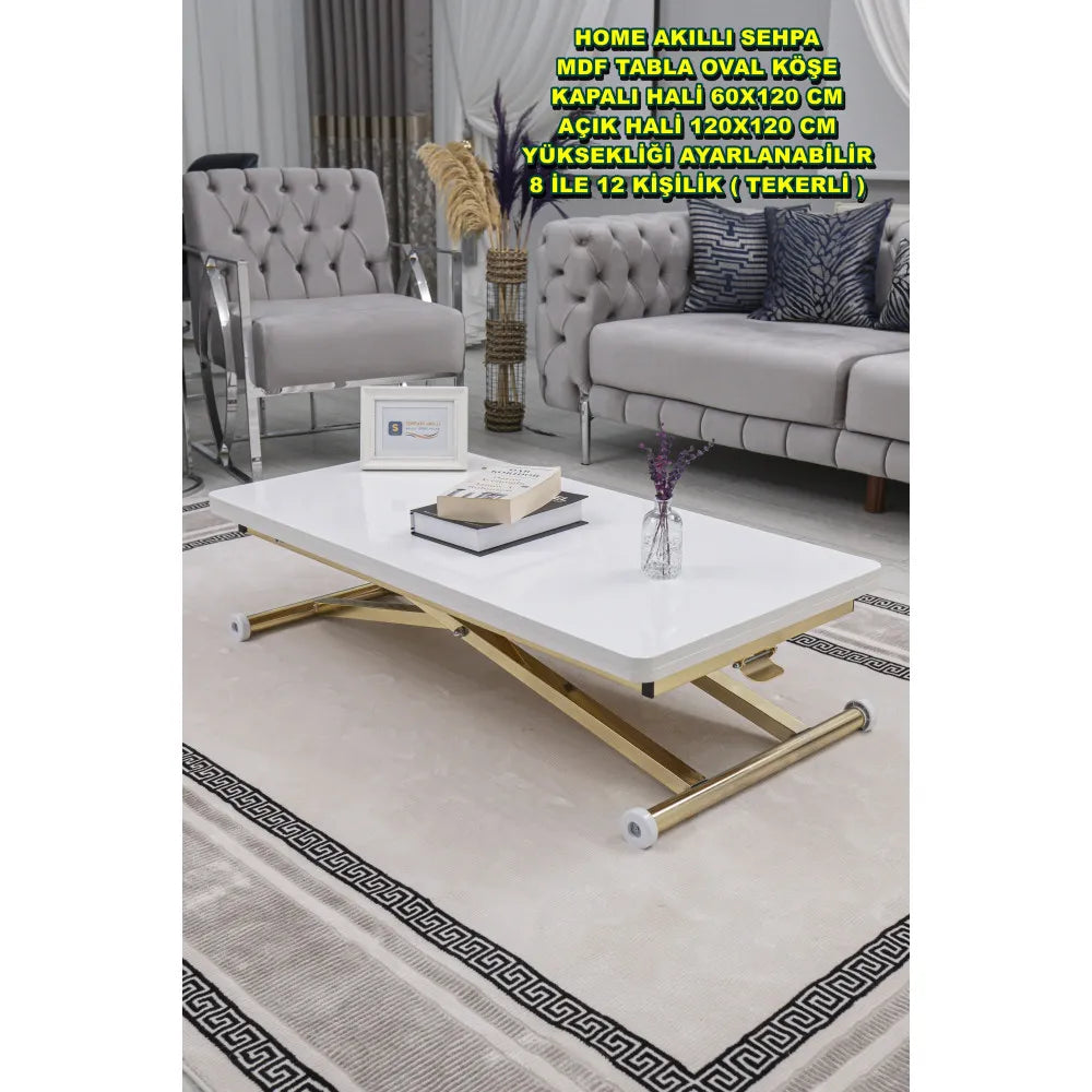 Home Üst Tabla Mdf Beyaz Oval Köşe Alt Ayak Gold Kaplama