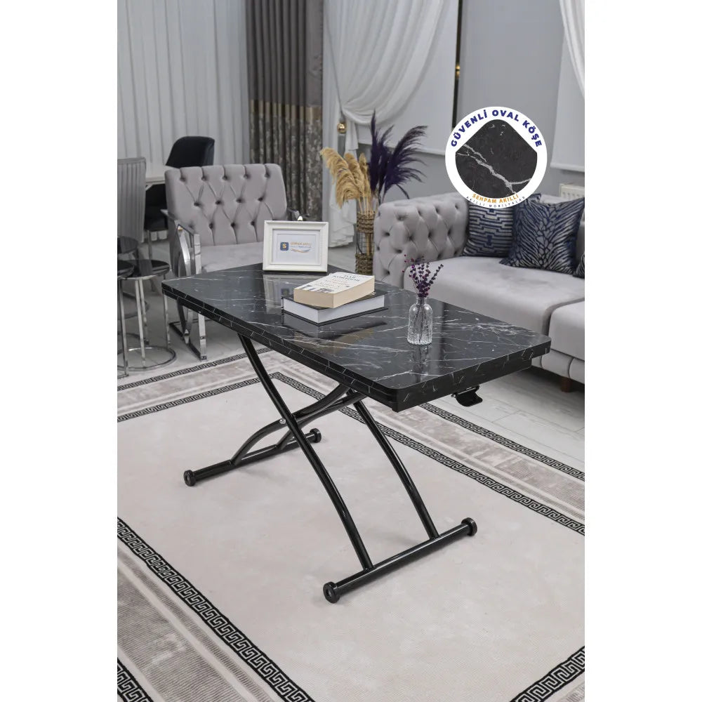 Juppo Üst Tabla Mdf Siyah Mermer Oval Köşe Alt Ayak Yuvarlak Siyah Dışa Kıvrım