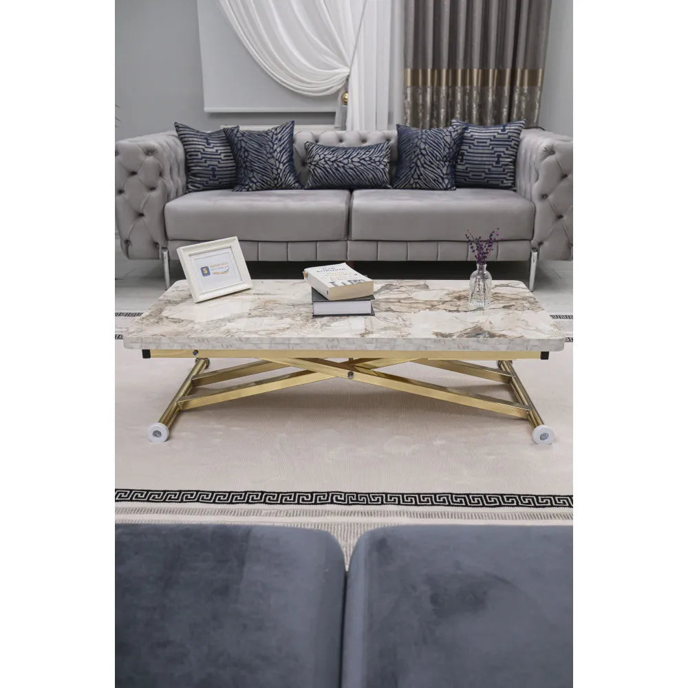 Home Üst Tabla Mdf Beyaz Mermer Oval Köşe Alt Ayak Gold Kaplama