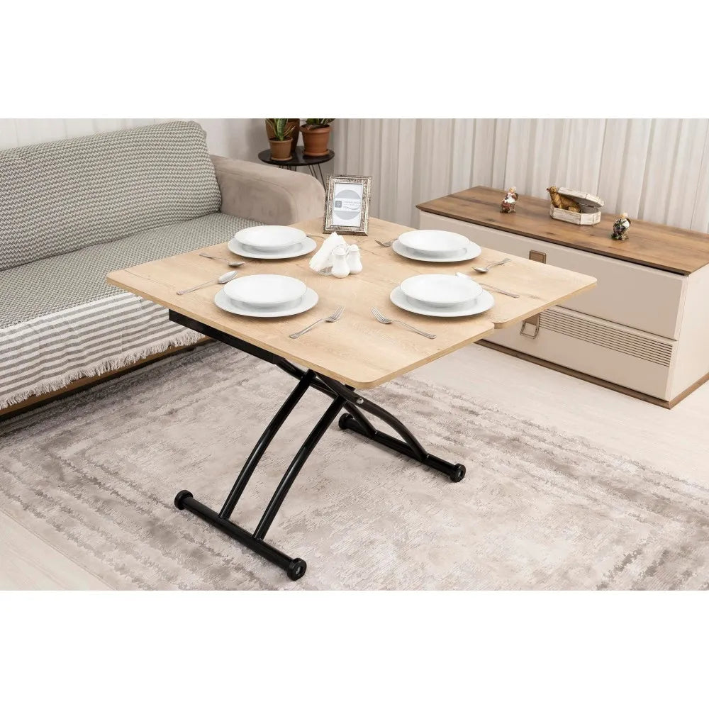 Mini Juppo Dışa K Akıllı Sehpa Üst Tabla Mdf VeliMeşe Oval Köşe Alt Ayak Siyah Renk