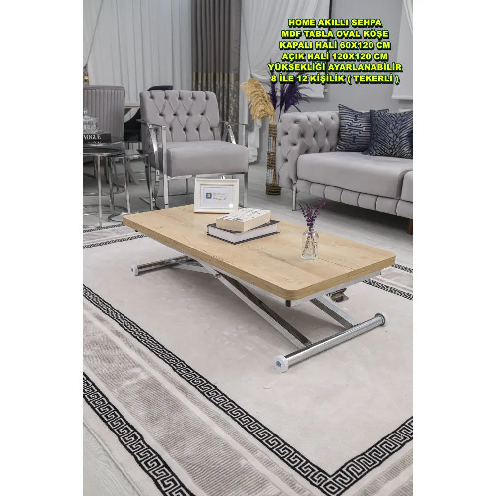 Home Üst Tabla Mdf Veli Meşe Oval Köşe Alt Ayak Krom Kaplama