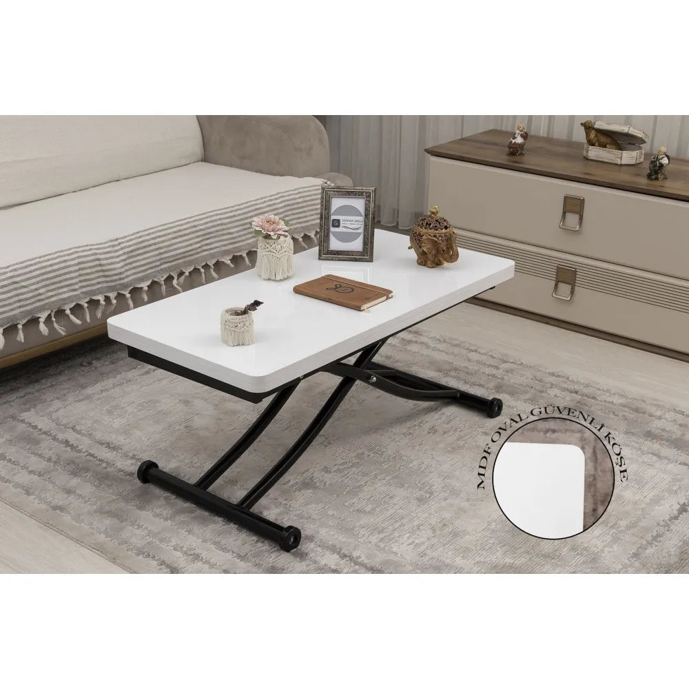 Mini Juppo İçe K Akıllı Sehpa Üst Tabla Mdf Beyaz Oval Köşe Alt Siyah Renk