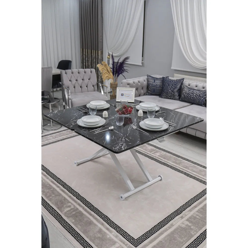 Home Üst Tabla Mdf Siyah Mermer Oval Köşe Alt Ayak Beyaz Renk