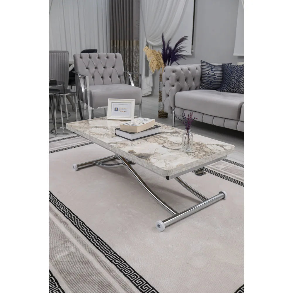 Juppo Üst Tabla Mdf Beyaz Mermer Oval Köşe Alt Ayak Yuvarlak Krom Kaplama İçe Kıvrım