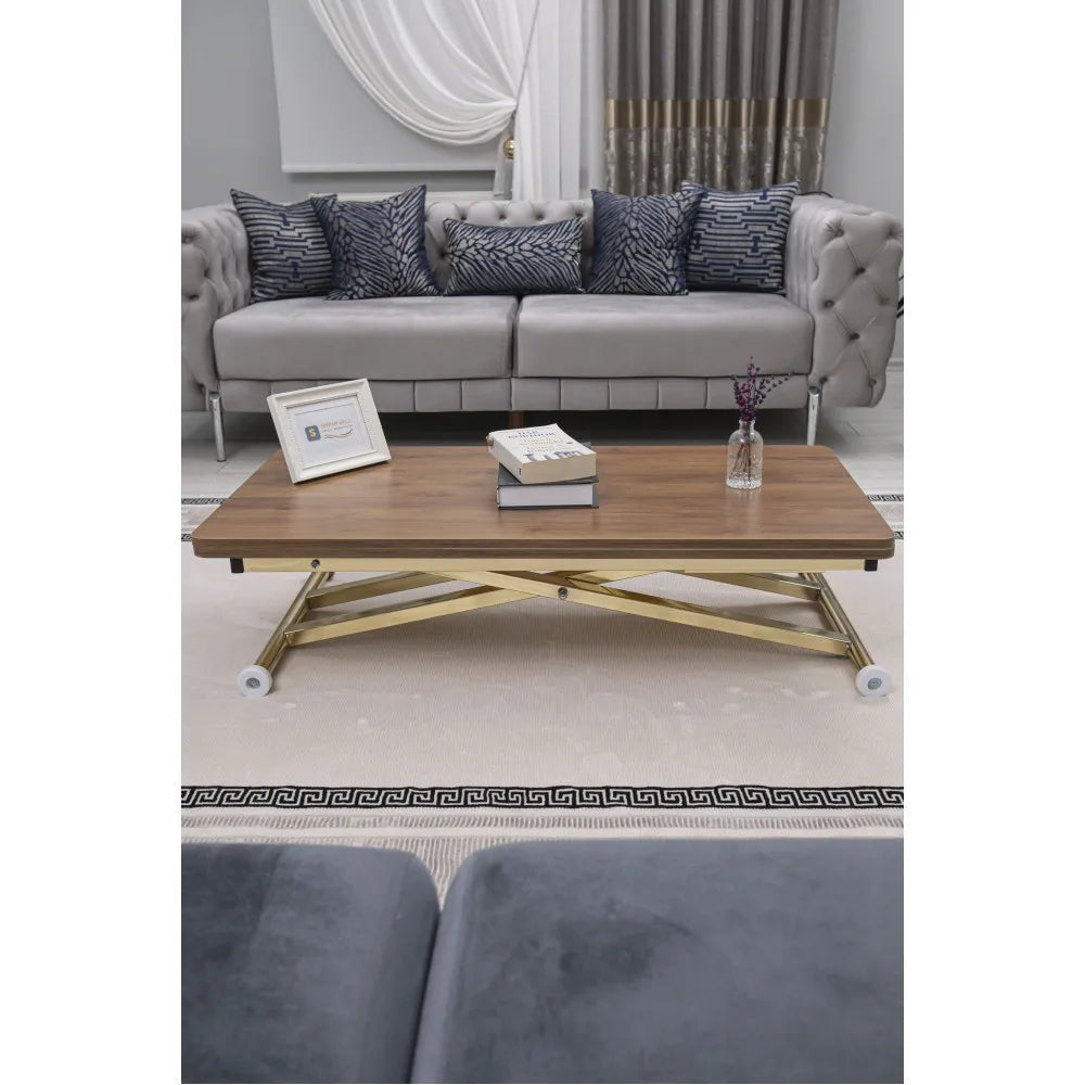 Home Üst Tabla Mdf Ceviz Oval Köşe Alt Ayak Gold Kaplama