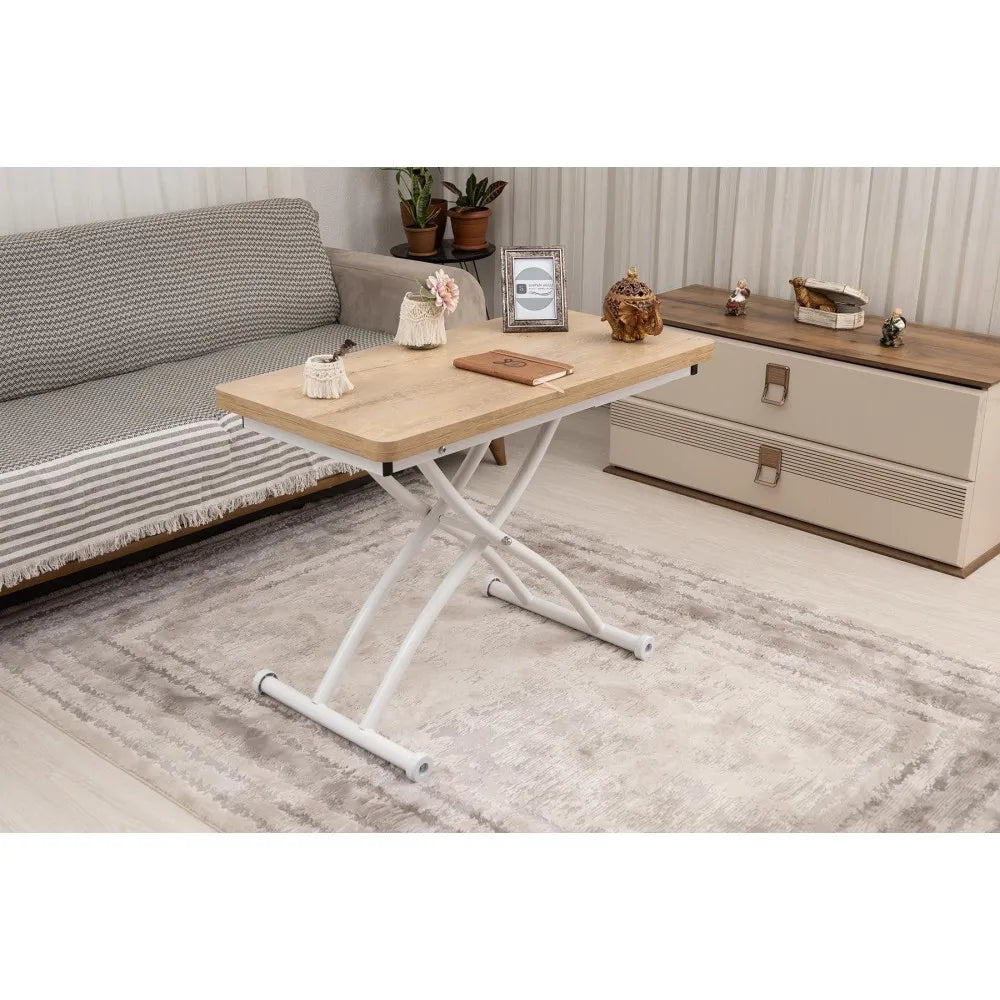 Mini Juppo Dışa K Akıllı Sehpa Üst Tabla Mdf VeliMeşe Oval Köşe Alt Ayak Beyaz Renk