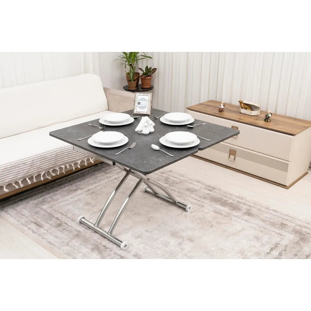 Mini Juppo Dışa K Akıllı Sehpa Üst Tabla Mdf Frezeli Antrasit Oval Köşe Alt Krom Kaplama