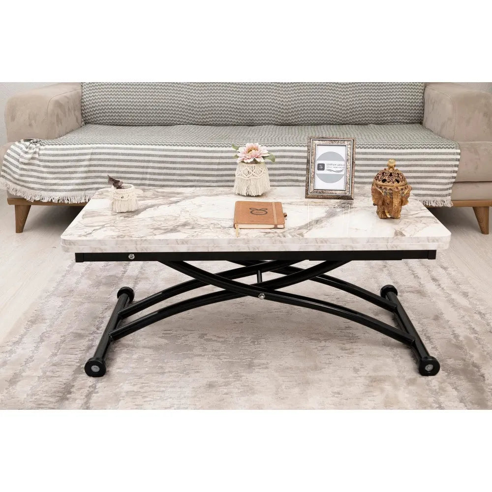 Mini Juppo Dışa K Akıllı Sehpa Üst Tabla Mdf Beyaz Mermer Oval Köşe Alt Siyah Renk