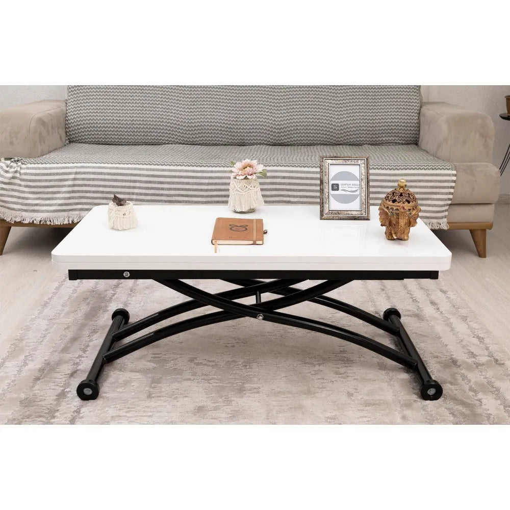 Mini Juppo Dışa K Akıllı Sehpa Üst Tabla Mdf Beyaz Oval Köşe Alt Siyah Renk