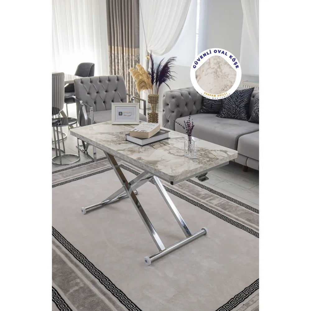 Home Üst Tabla Mdf Beyaz Mermer Oval Köşe Alt Ayak Krom Kaplama