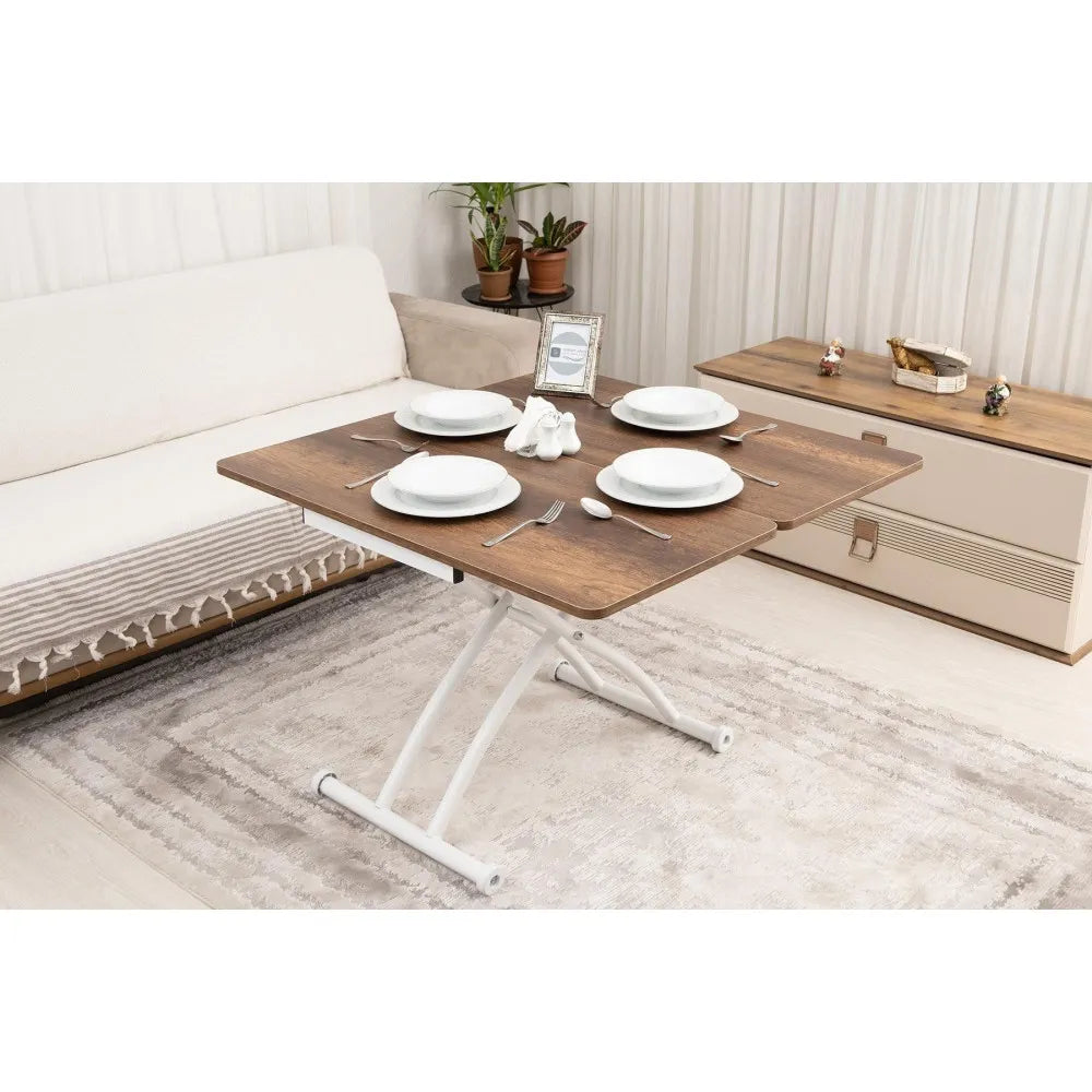 Mini Juppo Dışa K Akıllı Sehpa Üst Tabla Mdf Barok Koyu Ceviz Oval Köşe Alt Ayak Beyaz Renk