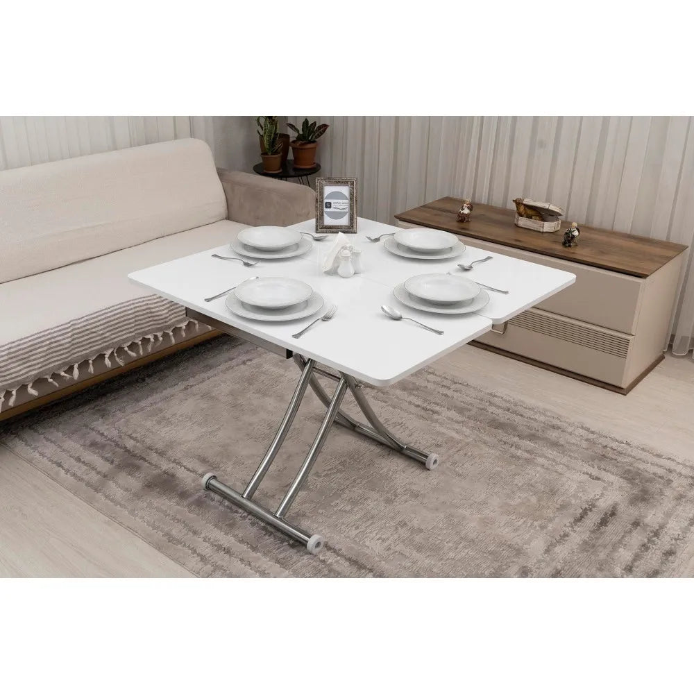 Mini Juppo İçe K Akıllı Sehpa Üst Tabla Mdf Beyaz Oval Köşe Alt Krom Kaplama