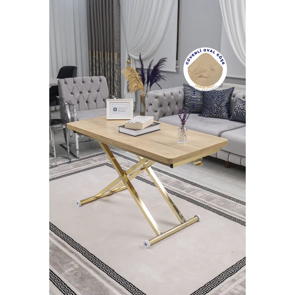 Home Üst Tabla Mdf Veli Meşe Oval Köşe Alt Ayak Gold Kaplama