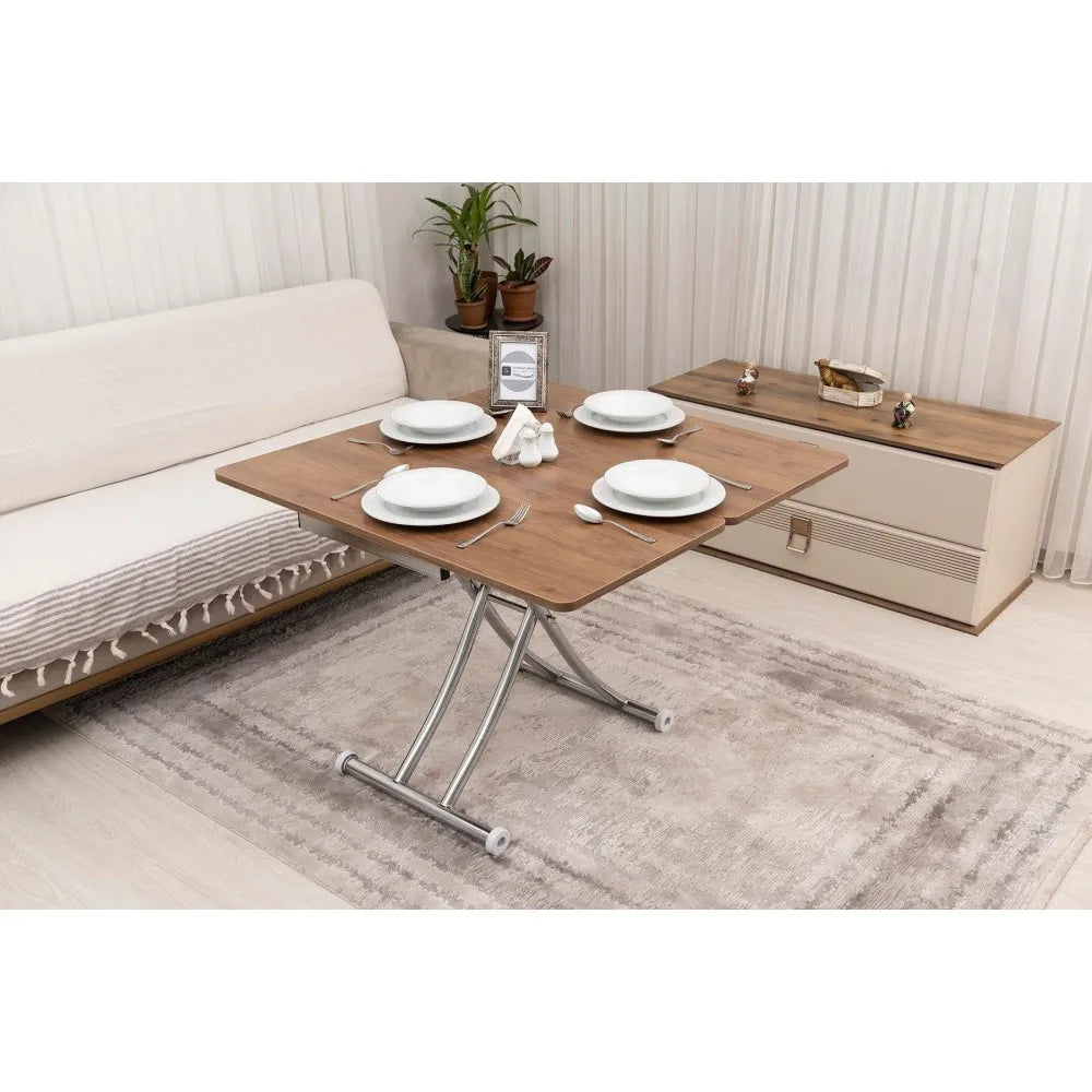 Mini Juppo İçe K Akıllı Sehpa Üst Tabla Mdf Ceviz Oval Köşe Alt Krom Kaplama