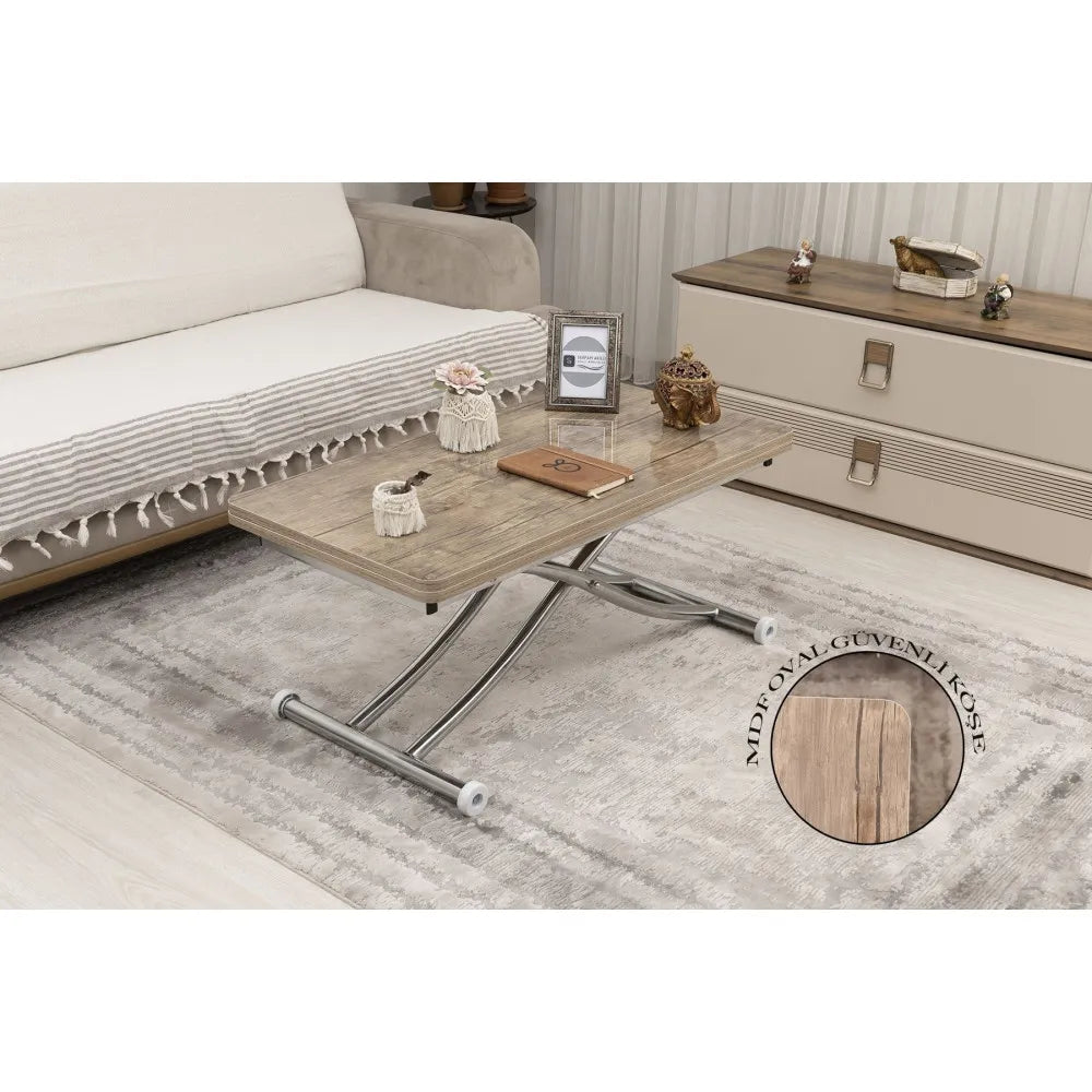 Mini Juppo İçe K Akıllı Sehpa Üst Tabla Mdf Antiklayt Oval Köşe Alt Krom Kaplama