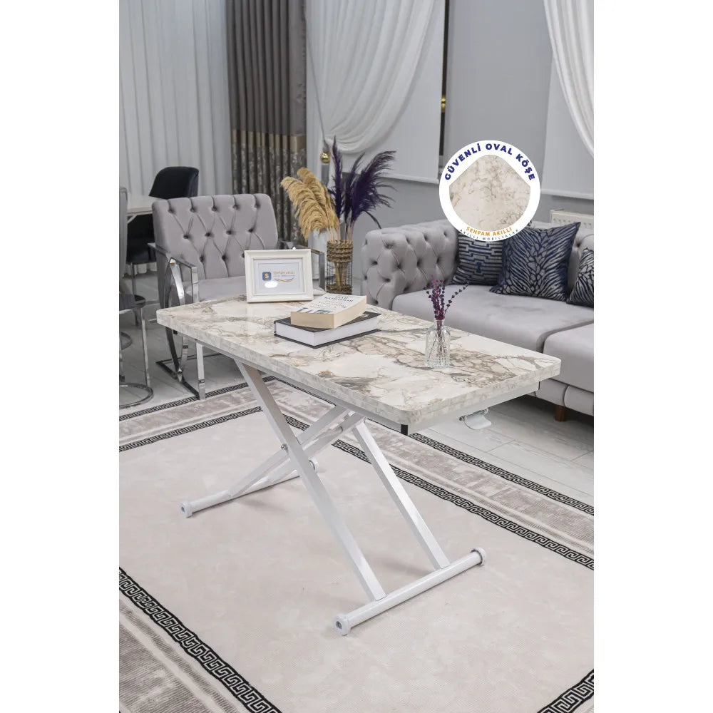 Home Üst Tabla Mdf Beyaz Mermer Oval Köşe Alt Ayak Beyaz Renk