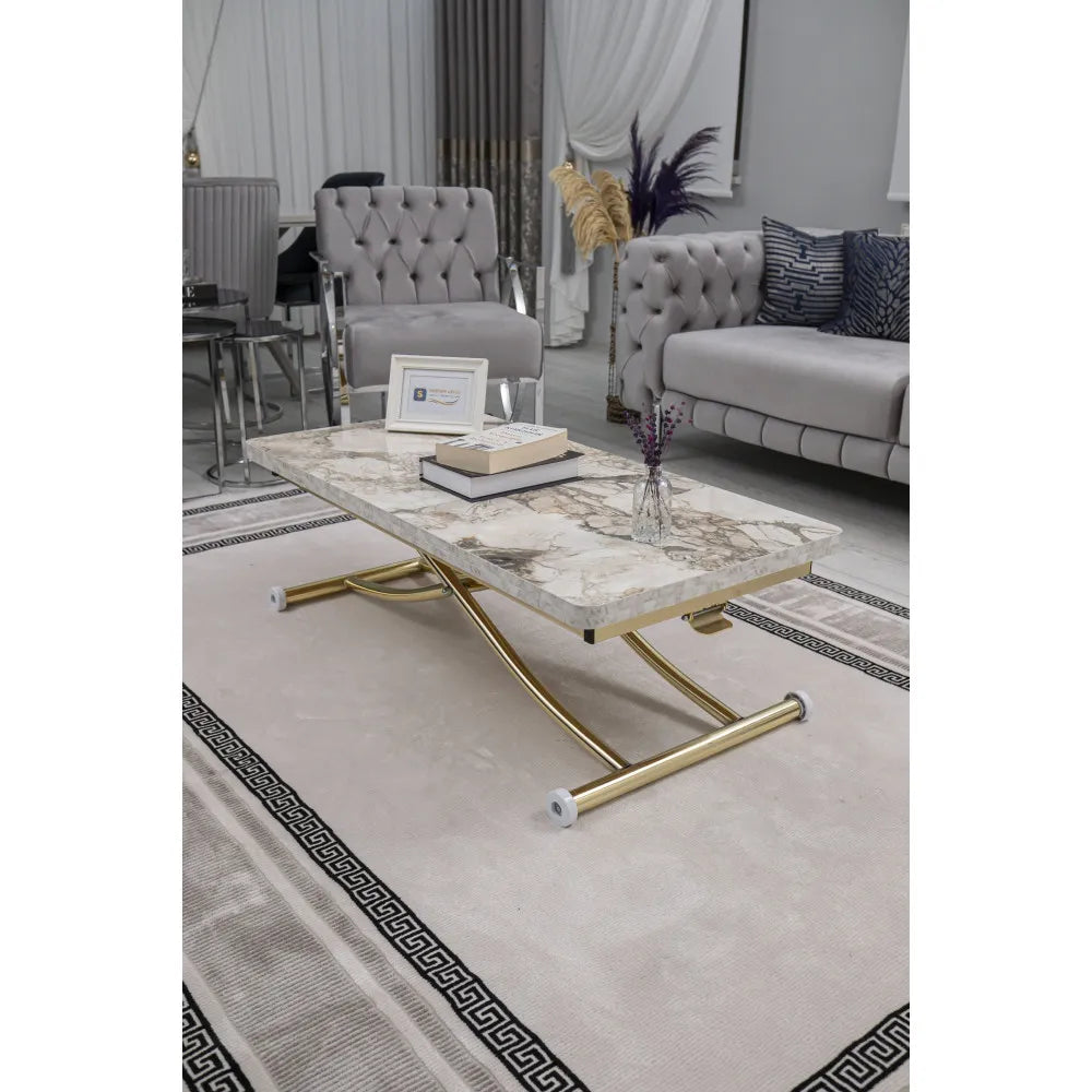 Juppo Üst Tabla Mdf Beyaz Mermer Oval Köşe Alt Ayak Yuvarlak Gold Kaplama İçe Kıvrım