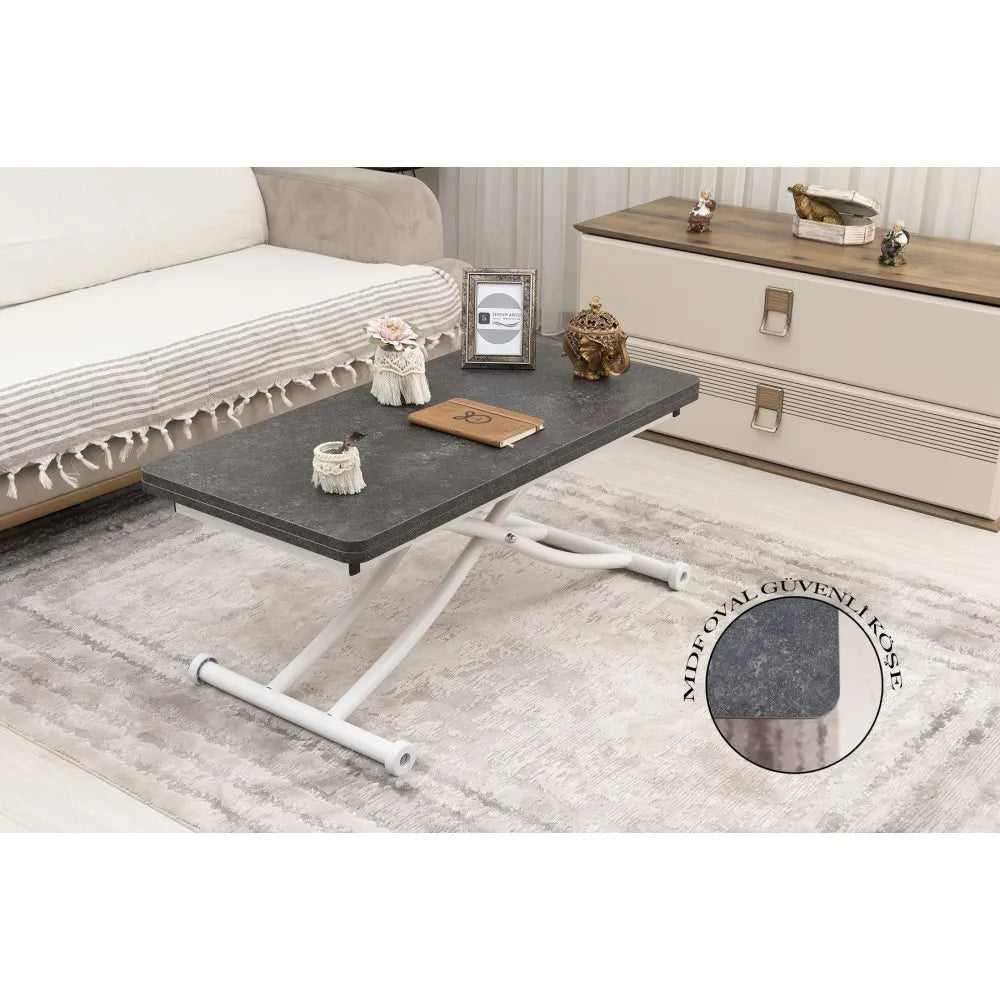 Mini Juppo İçe K Akıllı Sehpa Üst Tabla Mdf Frezeli Antrasit Oval Köşe Alt Beyaz Renk