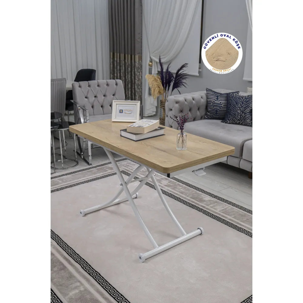 Juppo Üst Tabla Mdf Veli Meşe Oval Köşe Alt Ayak Yuvarlak Beyaz İçe Kıvrım