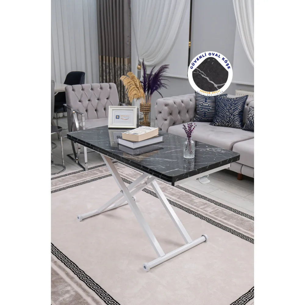 Home Üst Tabla Mdf Siyah Mermer Oval Köşe Alt Ayak Beyaz Renk