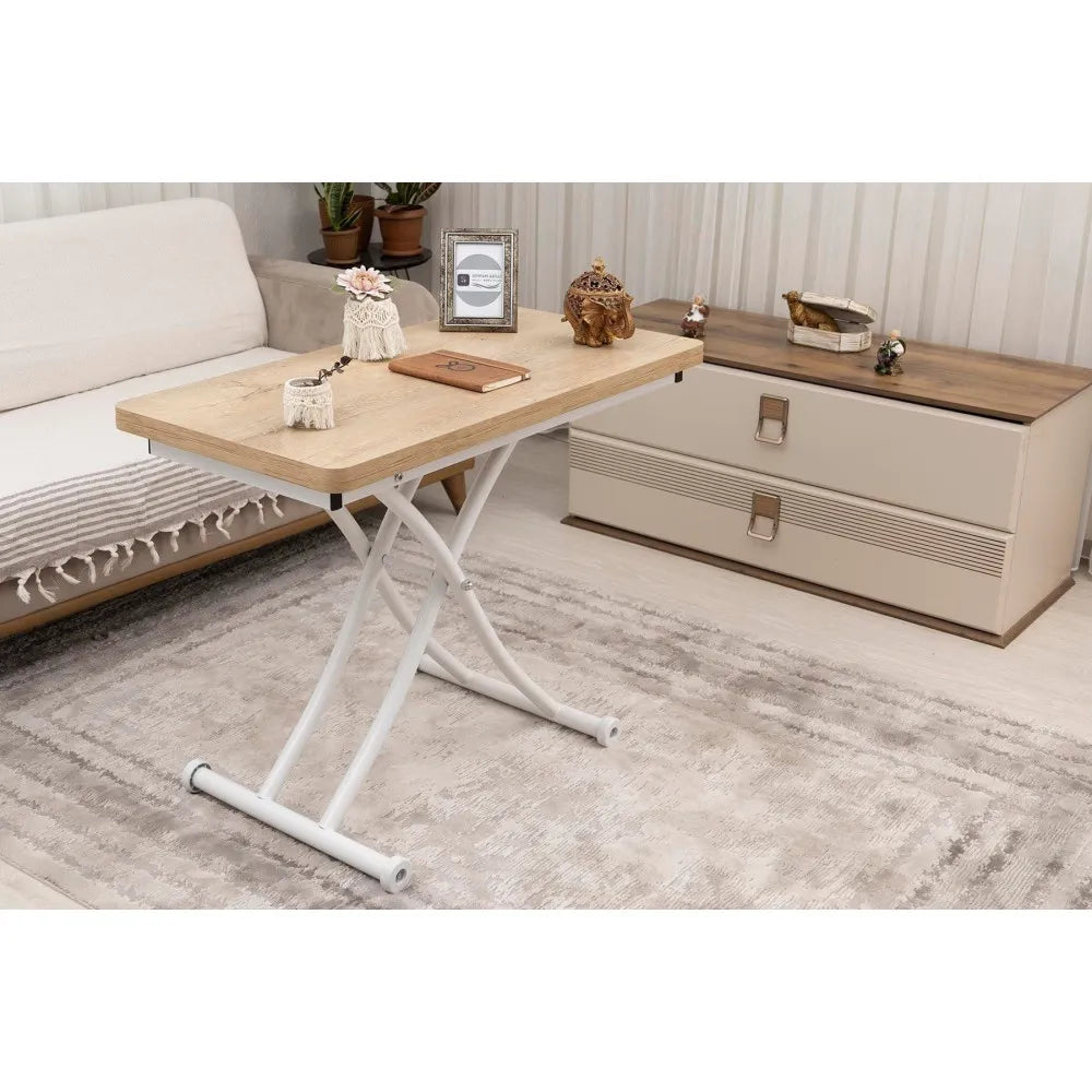 Mini Juppo İçe K Akıllı Sehpa Üst Tabla Mdf VeliMeşe Oval Köşe Alt Ayak Beyaz Renk