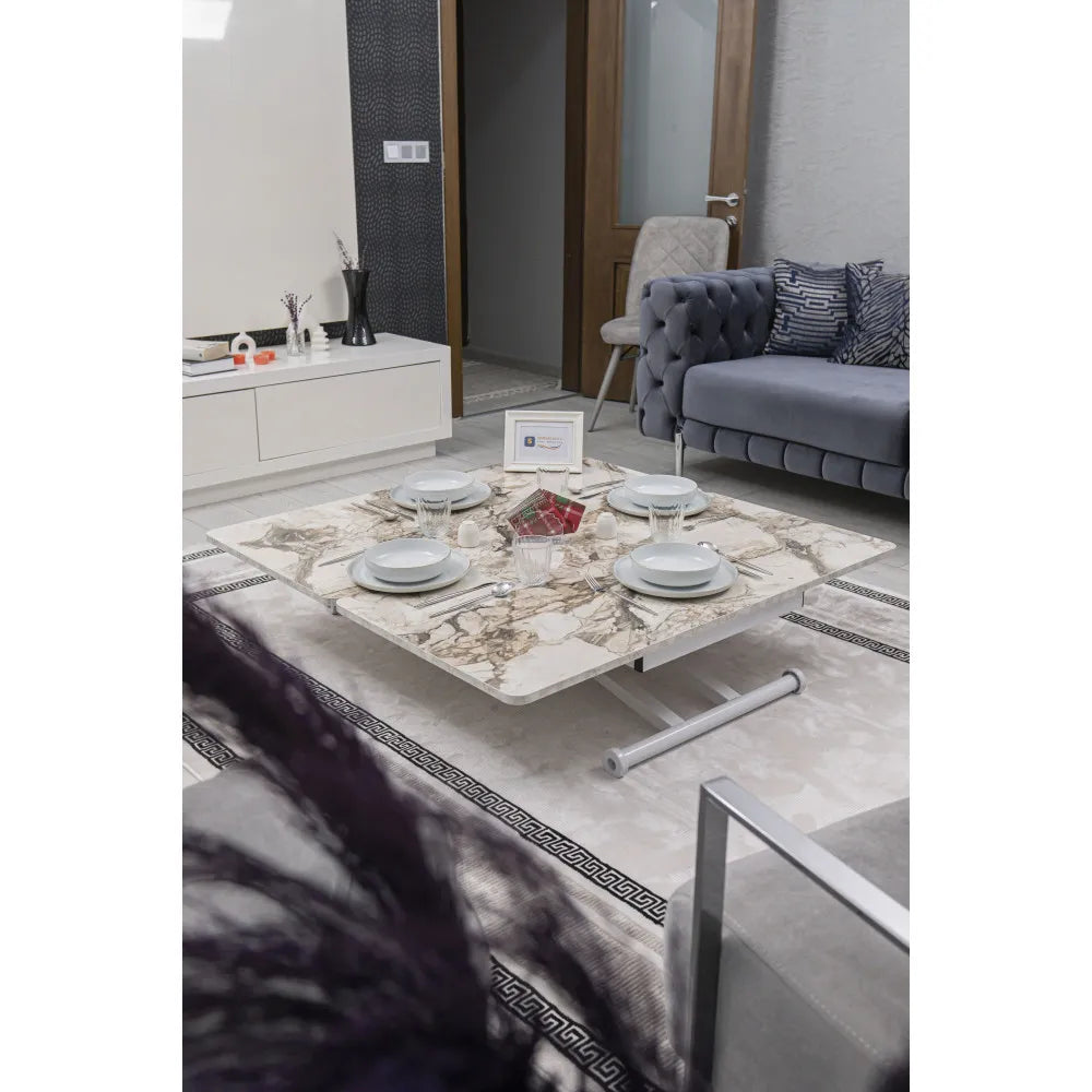 Home Üst Tabla Mdf Beyaz Mermer Oval Köşe Alt Ayak Beyaz Renk