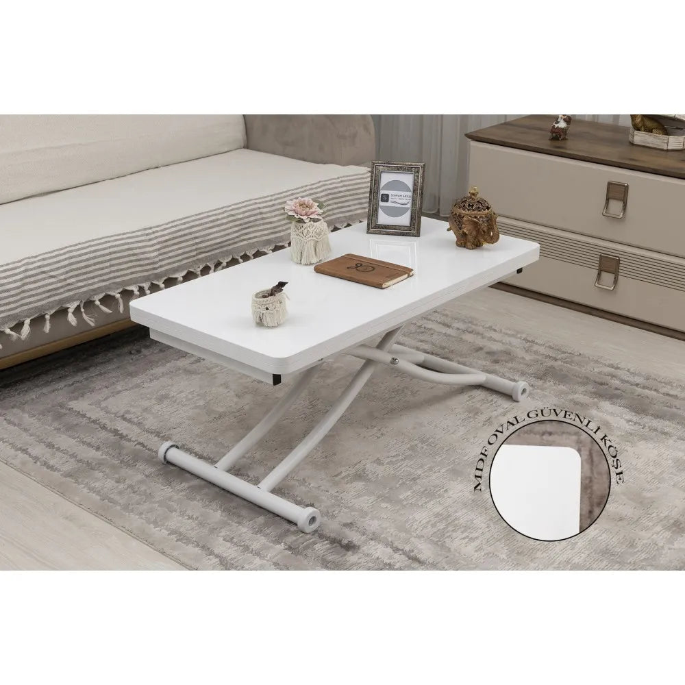 Mini Juppo İçe K Akıllı Sehpa Üst Tabla Mdf Beyaz Oval Köşe Alt Beyaz Renk