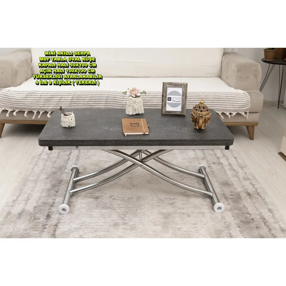 Mini Juppo İçe K Akıllı Sehpa Üst Tabla Mdf Frezeli Antrasit Oval Köşe Alt Krom Kaplama