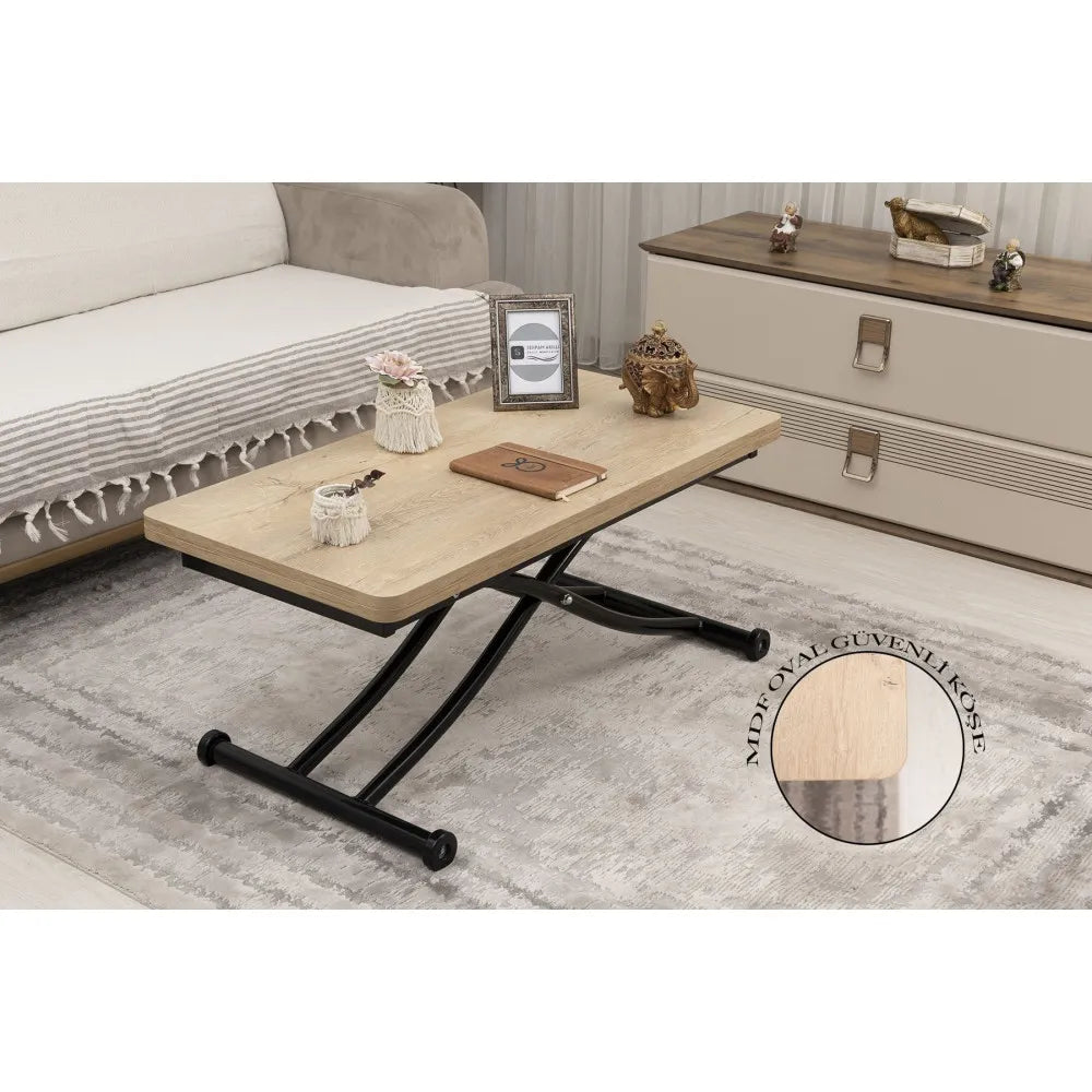 Mini Juppo İçe K Akıllı Sehpa Üst Tabla Mdf VeliMeşe Oval Köşe Alt Ayak Siyah Renk