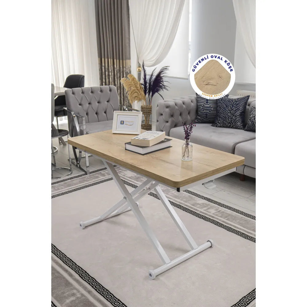 Home Üst Tabla Mdf Veli Meşe Oval Köşe Alt Ayak Beyaz Renk