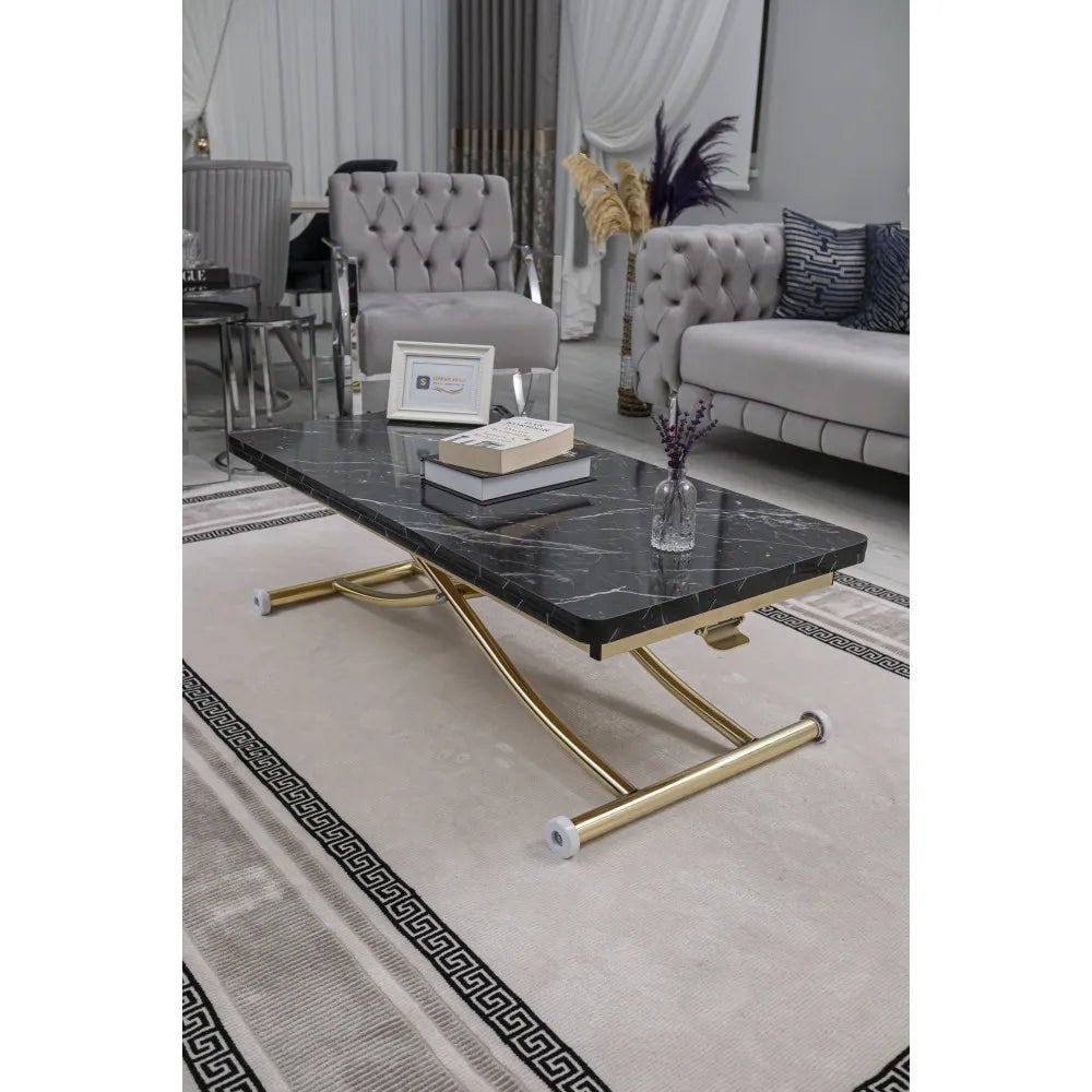 Juppo Üst Tabla Mdf Siyah Mermer Oval Köşe Alt Ayak Yuvarlak Gold Kaplama İçe Kıvrım