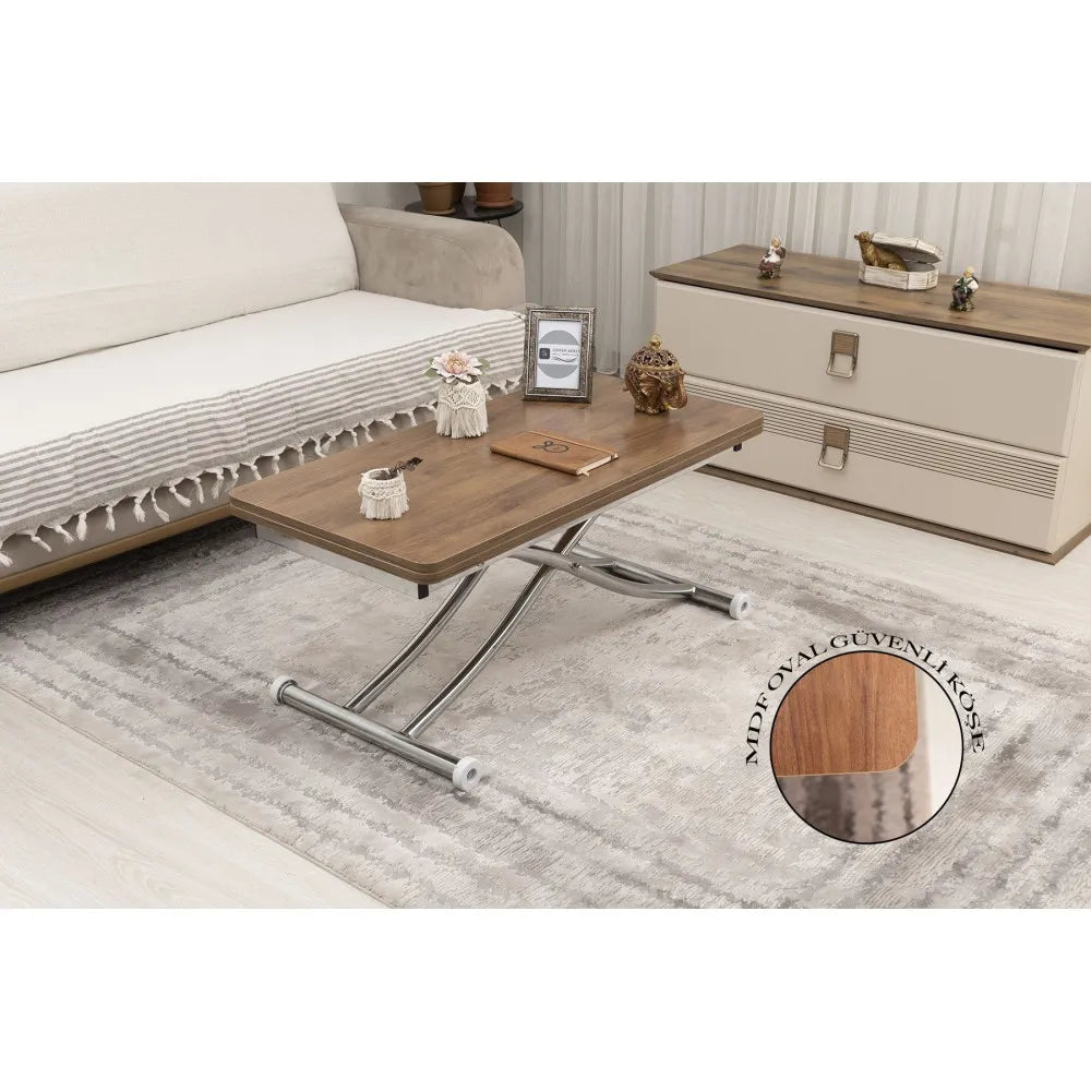 Mini Juppo İçe K Akıllı Sehpa Üst Tabla Mdf Ceviz Oval Köşe Alt Krom Kaplama