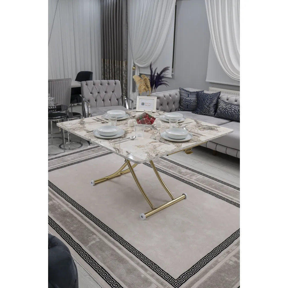 Juppo Üst Tabla Mdf Beyaz Mermer Oval Köşe Alt Ayak Yuvarlak Gold Kaplama İçe Kıvrım