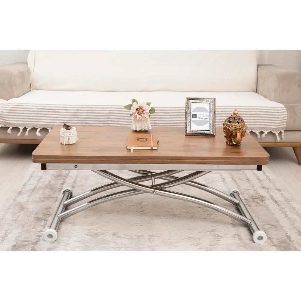 Mini Juppo Dışa K Akıllı Sehpa Üst Tabla Mdf Ceviz Oval Köşe Alt Krom Kaplama