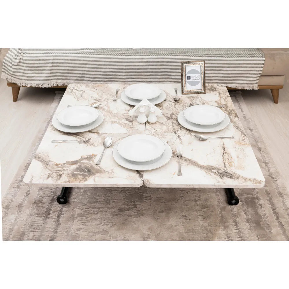 Mini Juppo Dışa K Akıllı Sehpa Üst Tabla Mdf Beyaz Mermer Oval Köşe Alt Siyah Renk