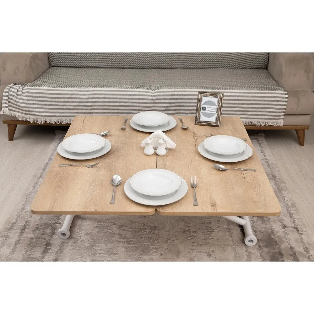 Mini Juppo Dışa K Akıllı Sehpa Üst Tabla Mdf VeliMeşe Oval Köşe Alt Ayak Beyaz Renk