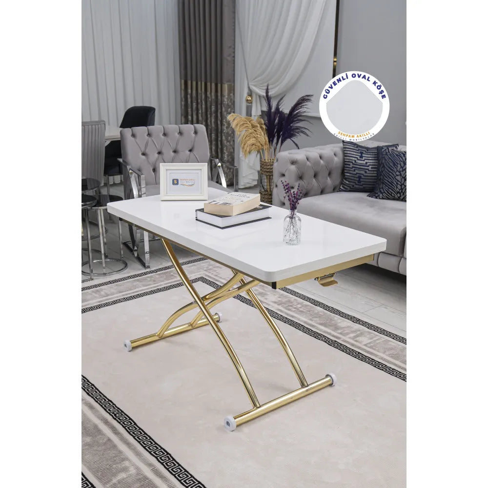 Juppo Üst Tabla Mdf Beyaz Oval Köşe Alt Ayak Yuvarlak Gold Kaplama Dışa Kıvrım