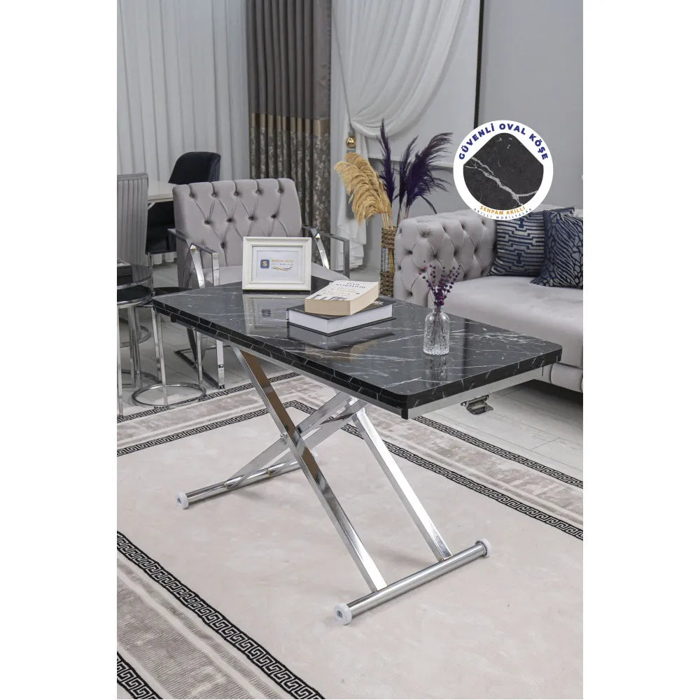Home Üst Tabla Mdf Siyah Mermer Oval Köşe Alt Ayak Krom Kaplama