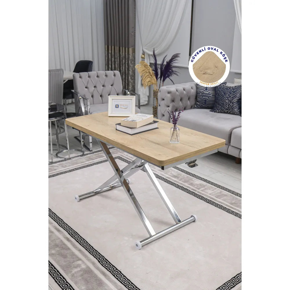 Home Üst Tabla Mdf Veli Meşe Oval Köşe Alt Ayak Krom Kaplama