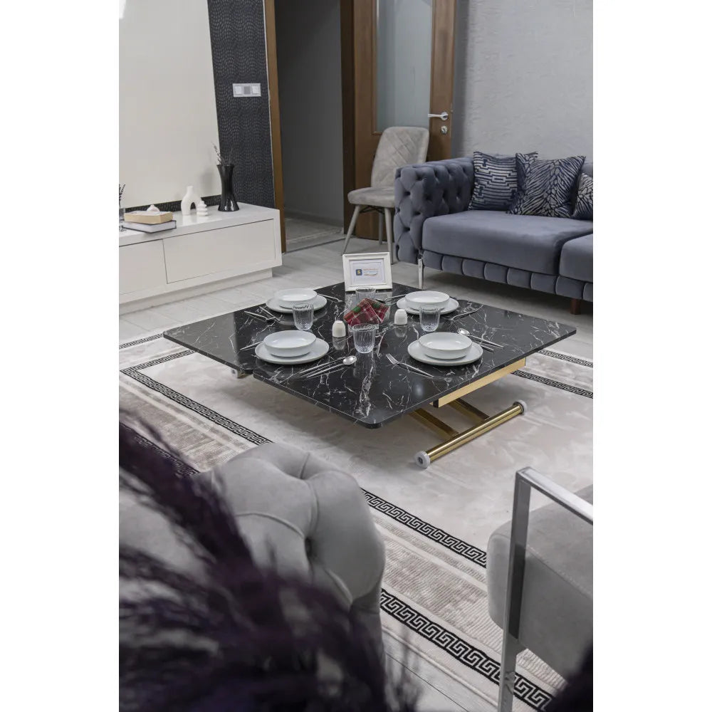 Home Üst Tabla Mdf Siyah Mermer Oval Köşe Alt Ayak Gold Kaplama